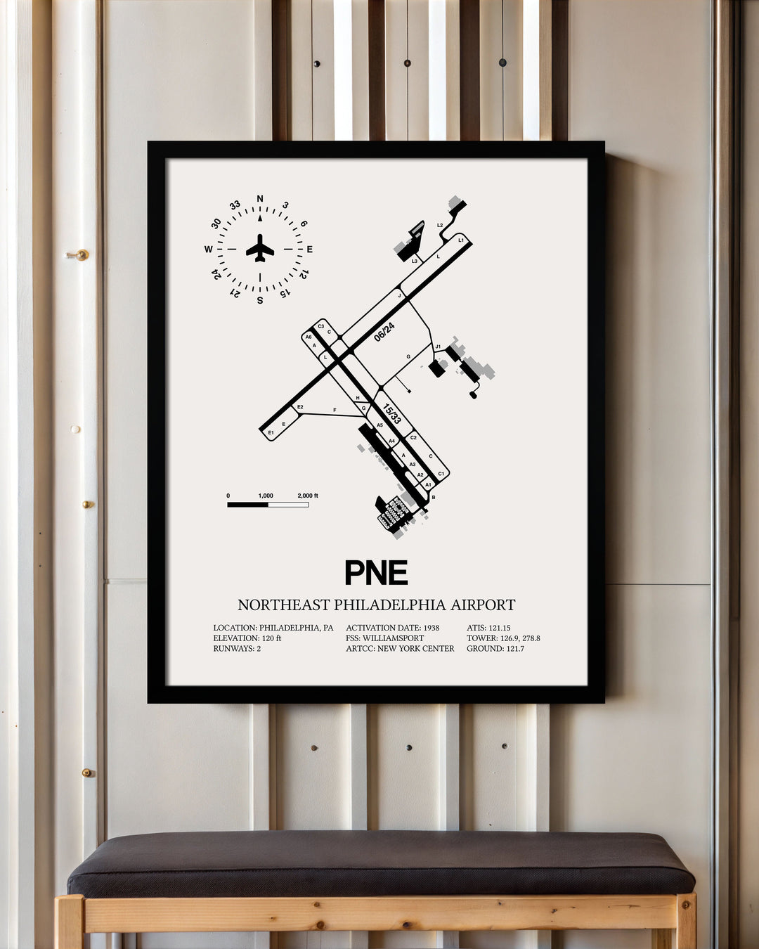 Framed Detailed Airport Map of Northeast Philadelphia Airport (PNE) in White with a Black Frame