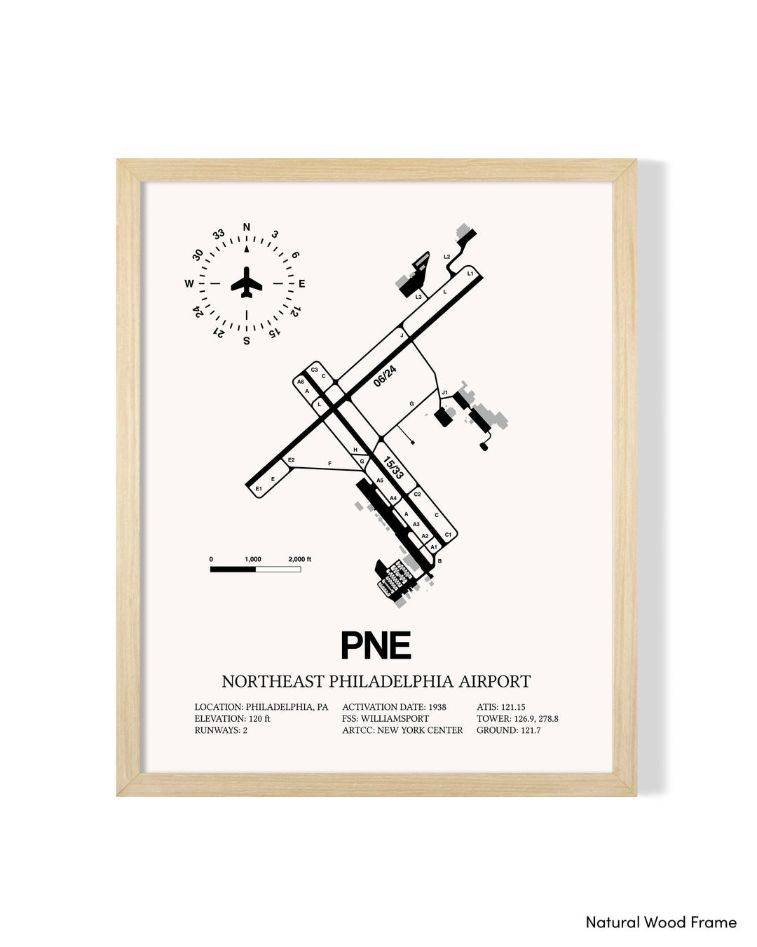 Detailed Airport Map of Northeast Philadelphia Airport (PNE) in White with a Natural Frame