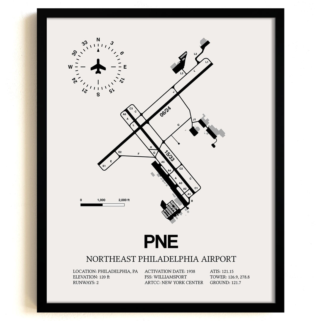 Framed Detailed Airport Map of Northeast Philadelphia Airport (PNE) in White with a Black Frame