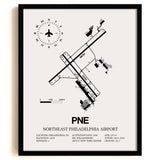 Framed Detailed Airport Map of Northeast Philadelphia Airport (PNE) in White with a Black Frame