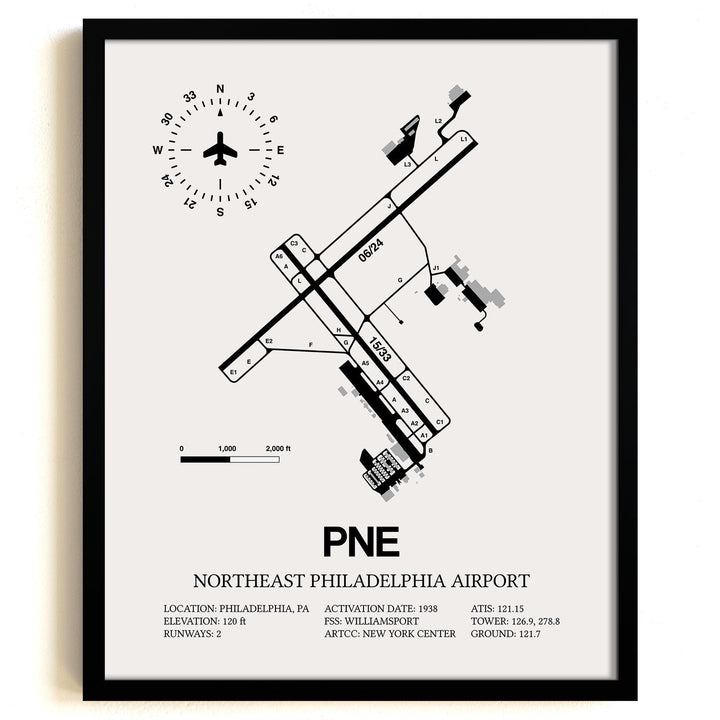 Framed Detailed Airport Map of Northeast Philadelphia Airport (PNE) in White with a Black Frame