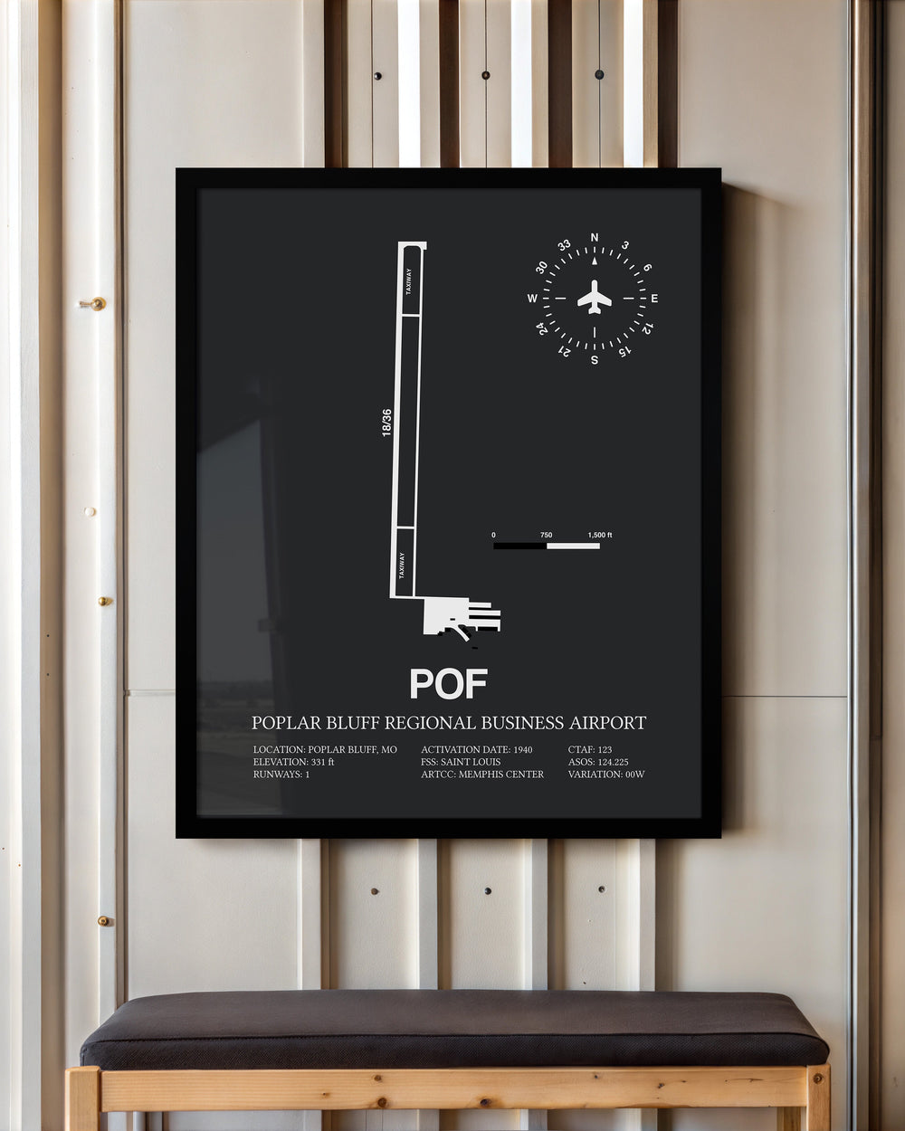 Framed Detailed Airport Map of Poplar Bluff Regional Business Airport (POF) in Gray with a Black Frame