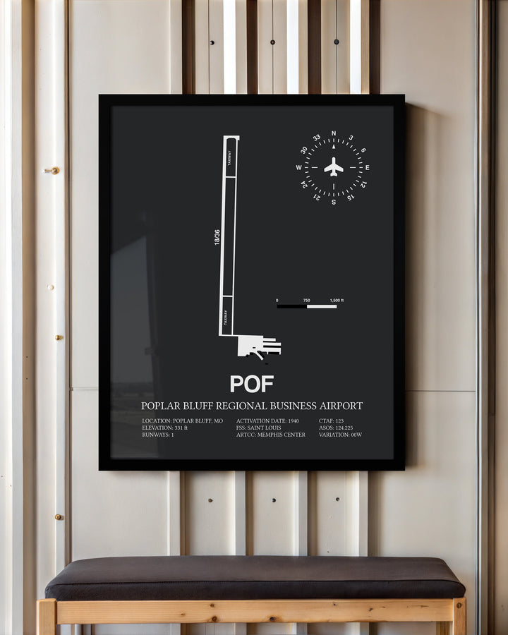 Framed Detailed Airport Map of Poplar Bluff Regional Business Airport (POF) in Gray with a Black Frame