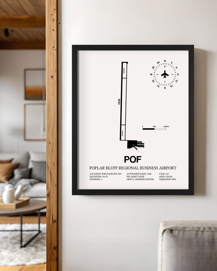 Framed Detailed Airport Map of Poplar Bluff Regional Business Airport (POF) in White with a Black Frame