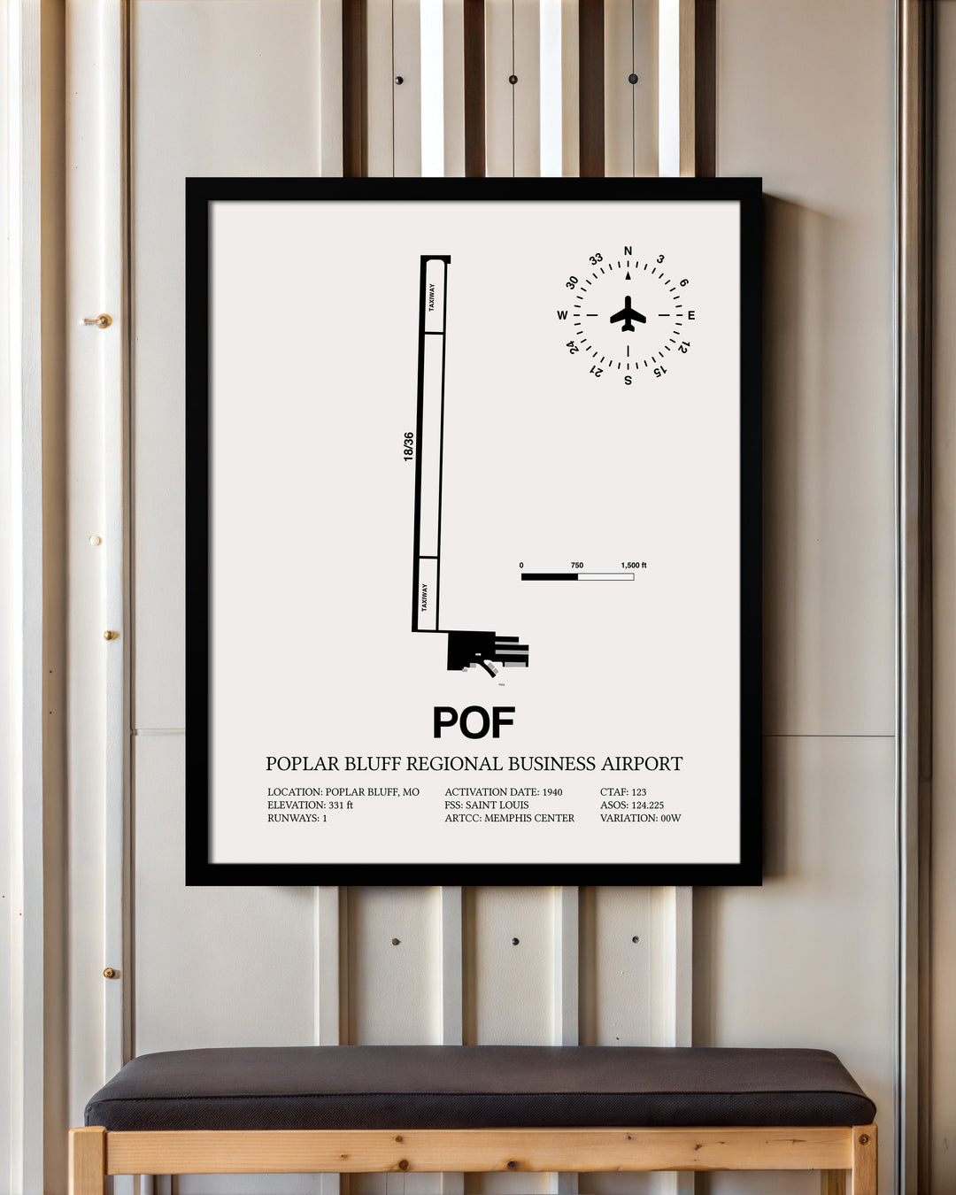 Framed Detailed Airport Map of Poplar Bluff Regional Business Airport (POF) in White with a Black Frame