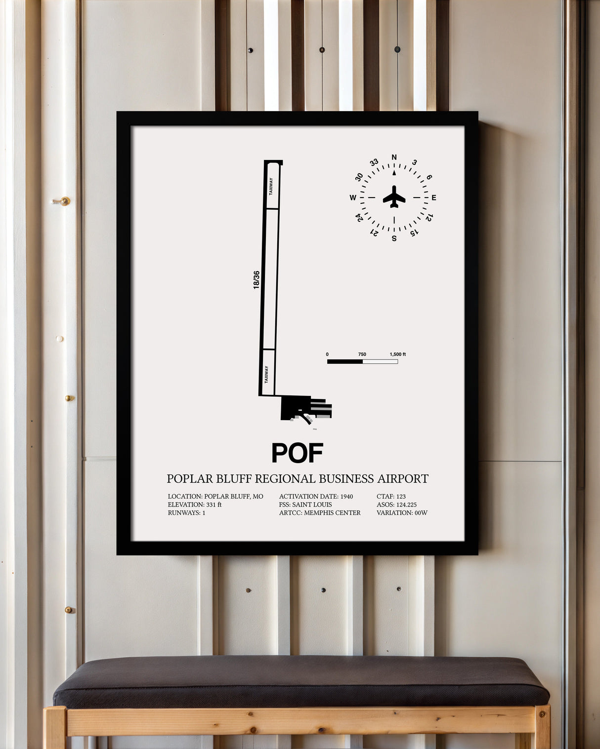 Framed Detailed Airport Map of Poplar Bluff Regional Business Airport (POF) in White with a Black Frame