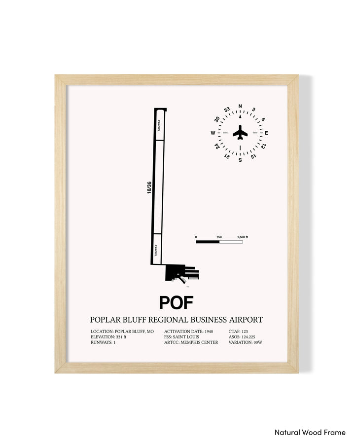 Detailed Airport Map of Poplar Bluff Regional Business Airport (POF) in White with a Natural Frame