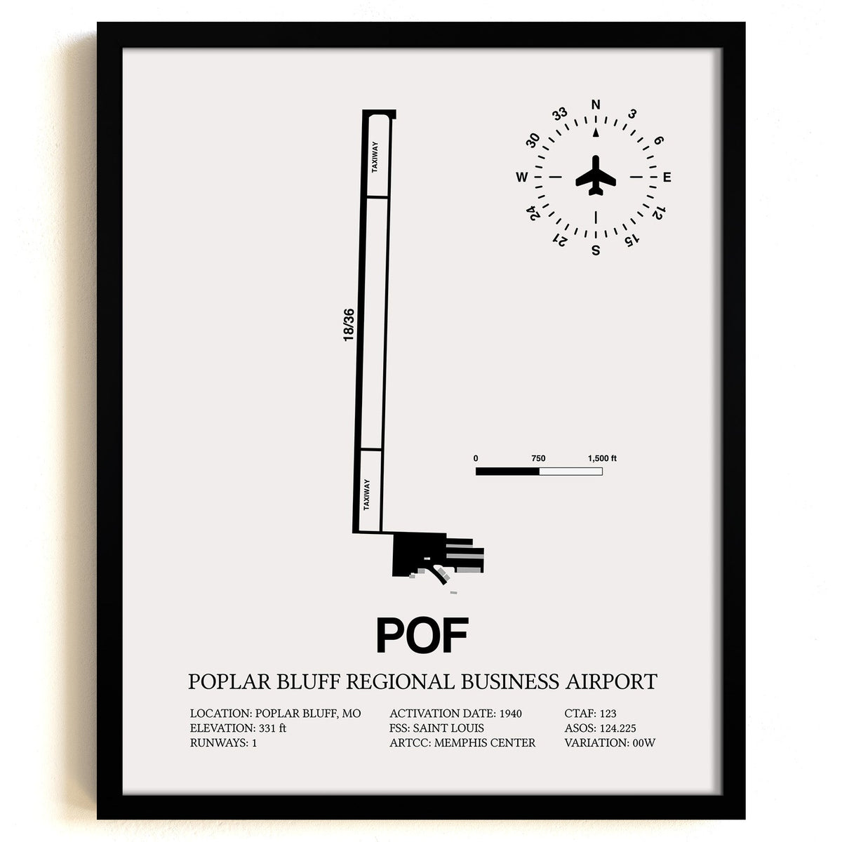Framed Detailed Airport Map of Poplar Bluff Regional Business Airport (POF) in White with a Black Frame