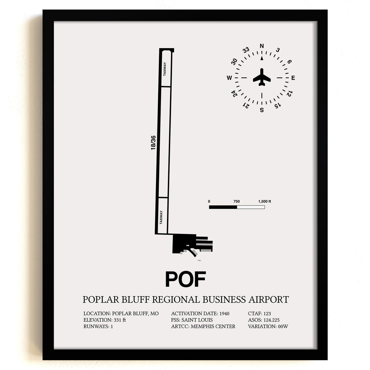 Framed Detailed Airport Map of Poplar Bluff Regional Business Airport (POF) in White with a Black Frame
