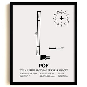 Framed Detailed Airport Map of Poplar Bluff Regional Business Airport (POF) in White with a Black Frame