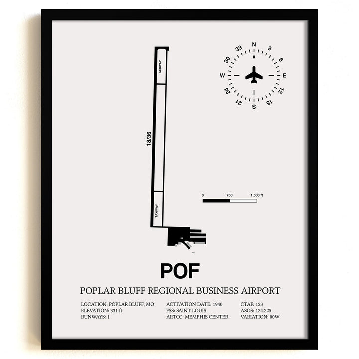 Framed Detailed Airport Map of Poplar Bluff Regional Business Airport (POF) in White with a Black Frame