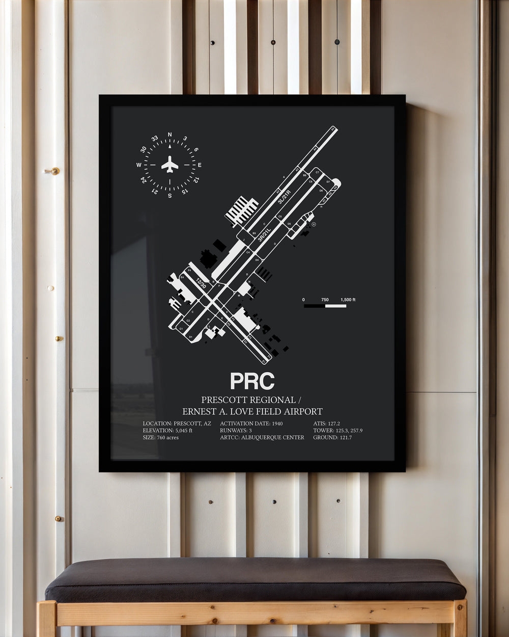 Framed Detailed Airport Map of Prescott International Airport - Ernest A. Love Field (PRC) in Gray with a Black Frame