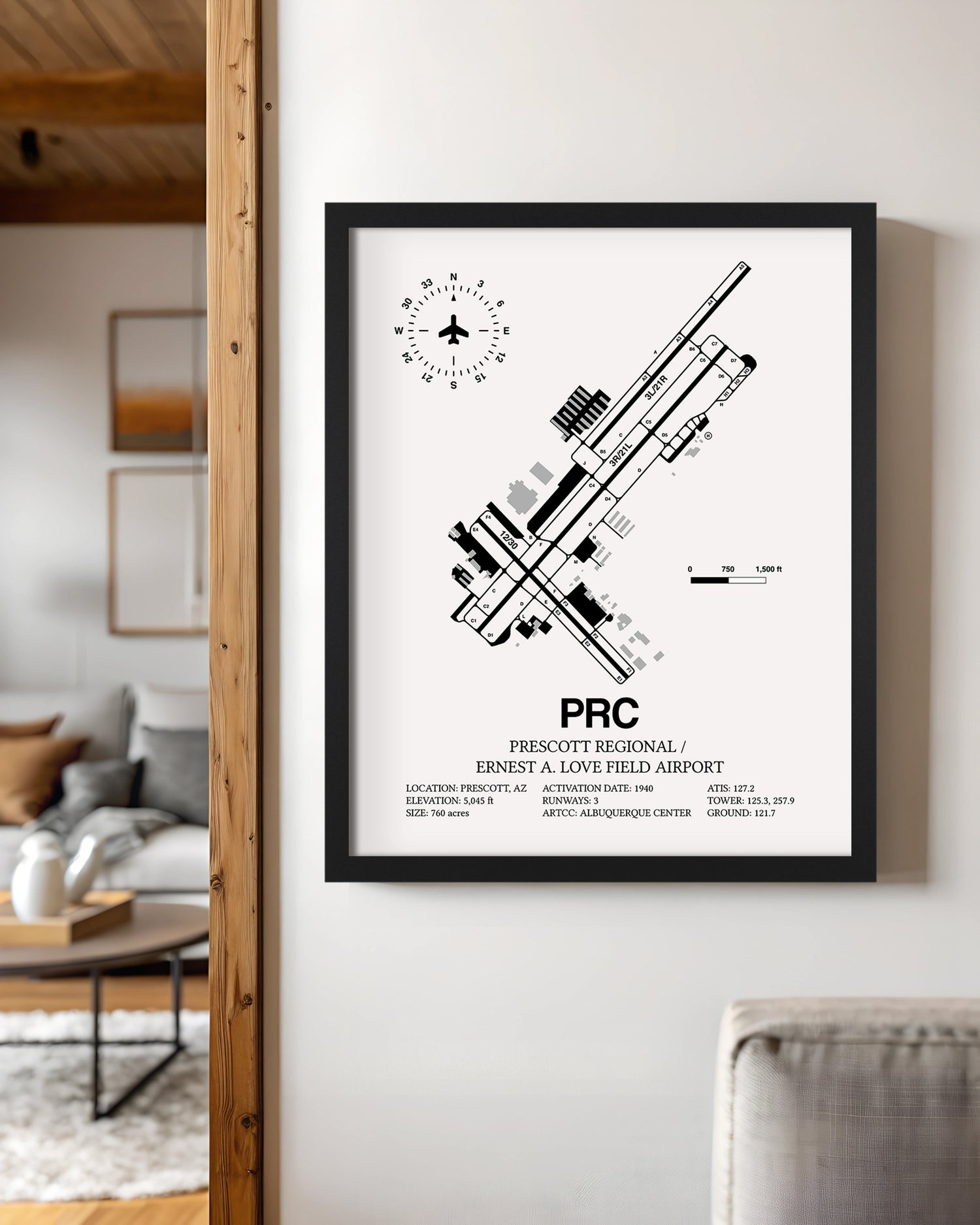 Framed Detailed Airport Map of Prescott International Airport - Ernest A. Love Field (PRC) in White with a Black Frame
