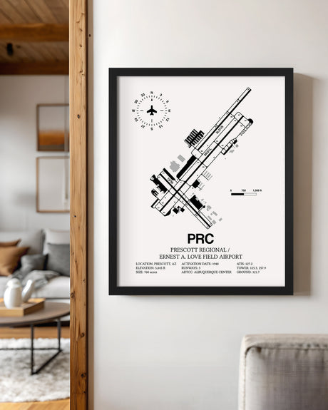 Framed Detailed Airport Map of Prescott International Airport - Ernest A. Love Field (PRC) in White with a Black Frame