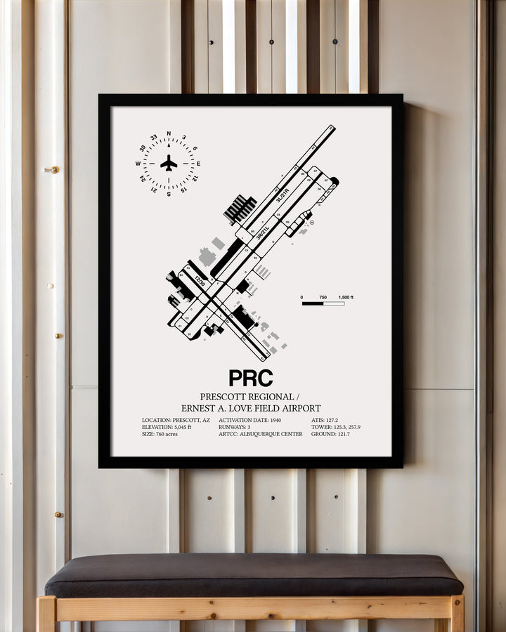 Framed Detailed Airport Map of Prescott International Airport - Ernest A. Love Field (PRC) in White with a Black Frame