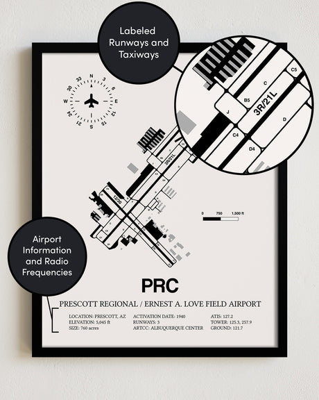 Framed Detailed Airport Map of Prescott International Airport - Ernest A. Love Field (PRC) in White with a Black Frame