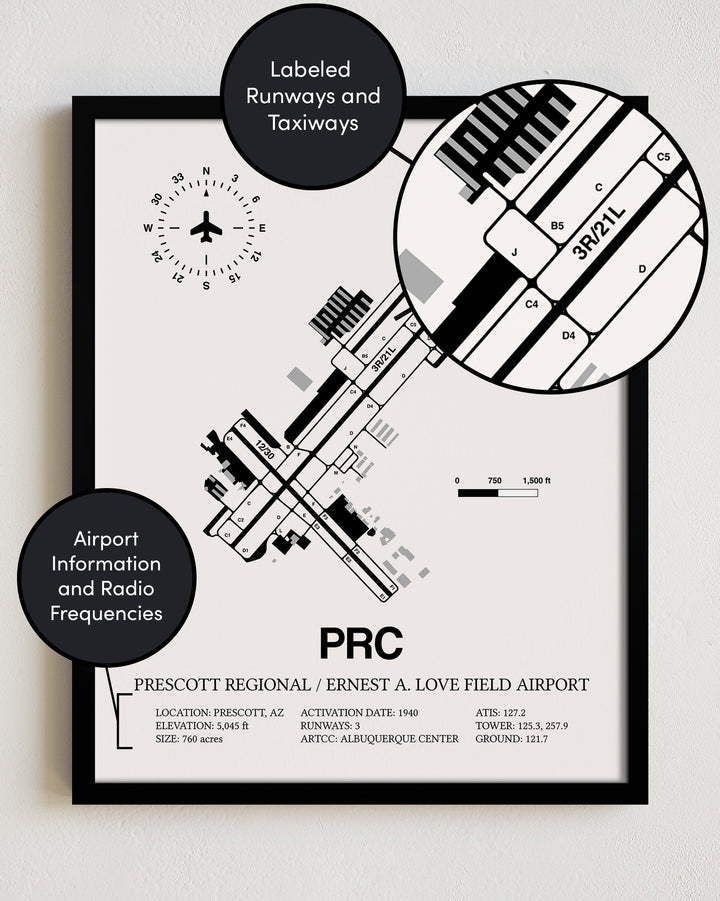 Framed Detailed Airport Map of Prescott International Airport - Ernest A. Love Field (PRC) in White with a Black Frame