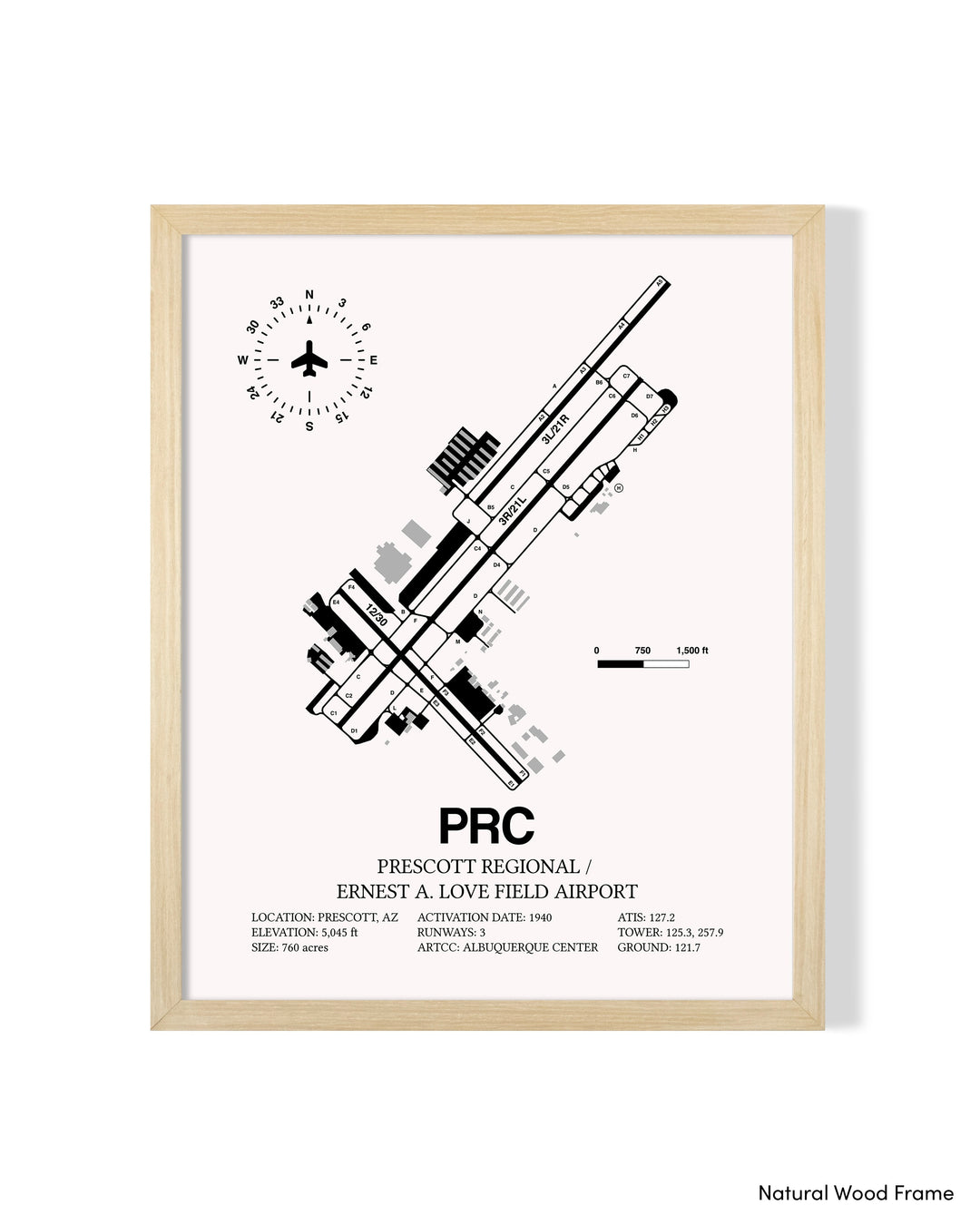 Detailed Airport Map of Prescott International Airport - Ernest A. Love Field (PRC) in White with a Natural Frame