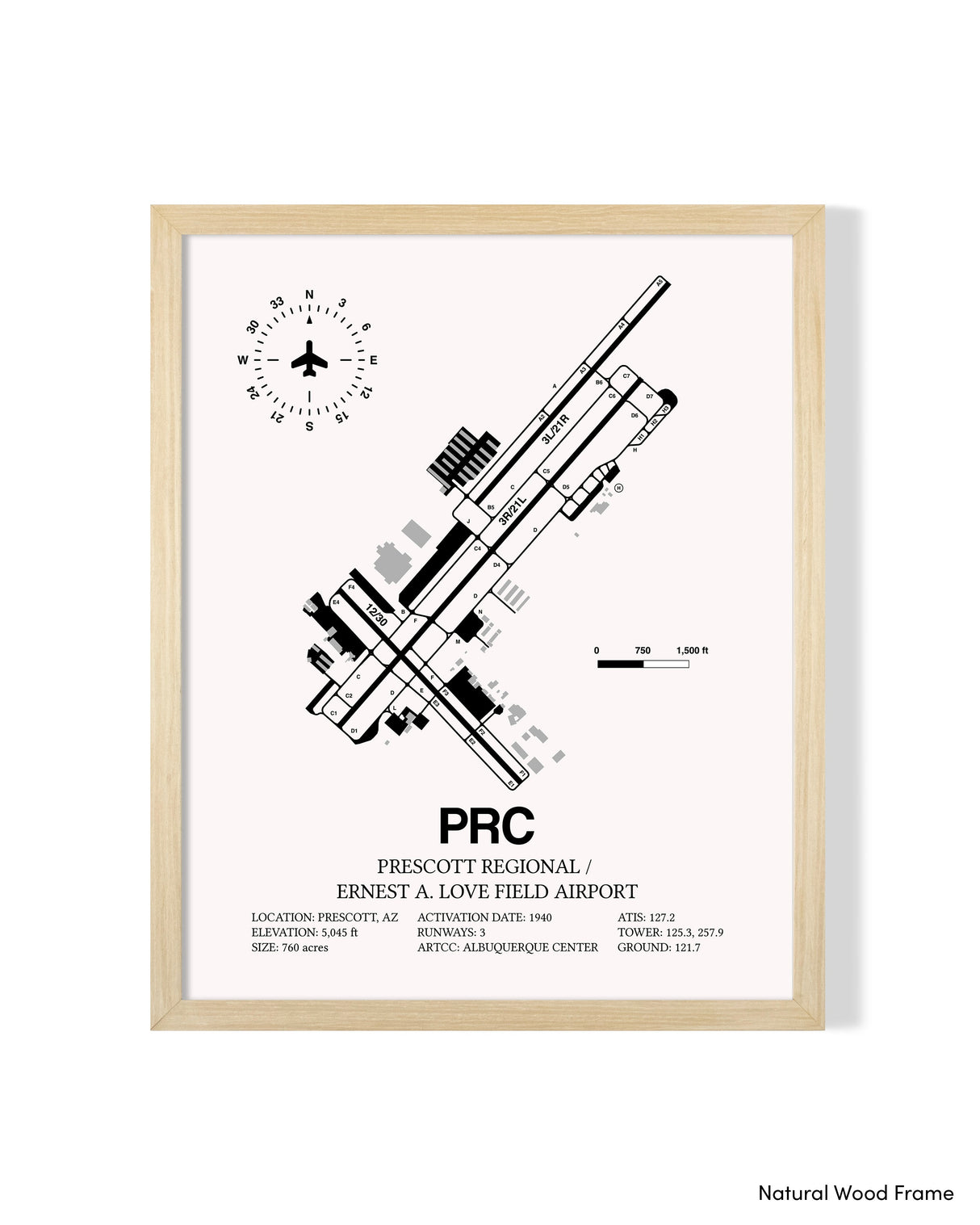 Detailed Airport Map of Prescott International Airport - Ernest A. Love Field (PRC) in White with a Natural Frame