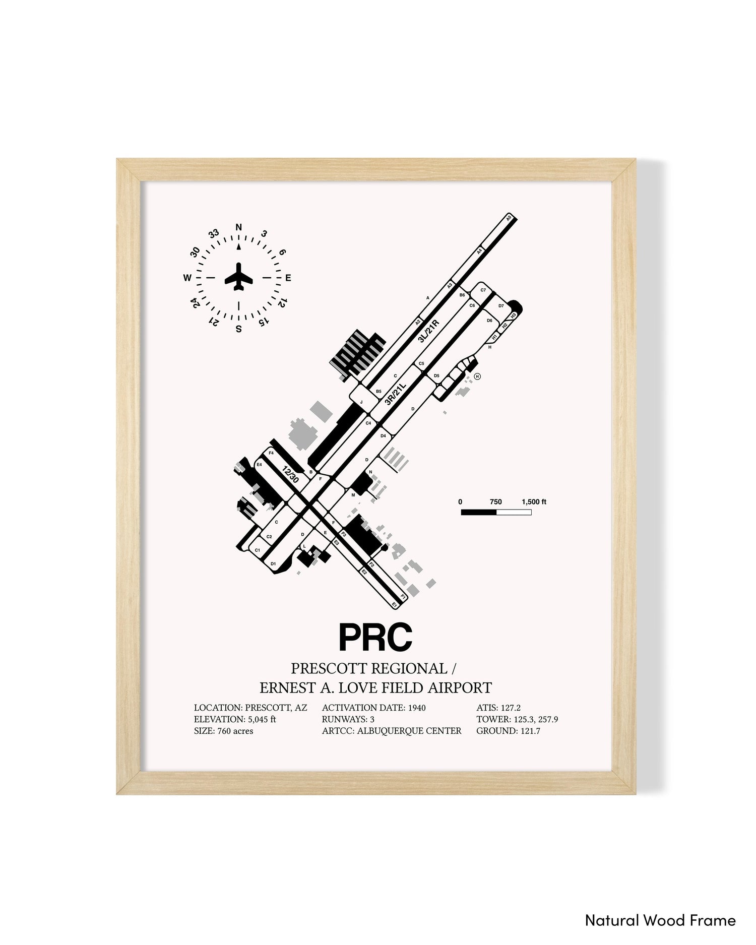 Detailed Airport Map of Prescott International Airport - Ernest A. Love Field (PRC) in White with a Natural Frame