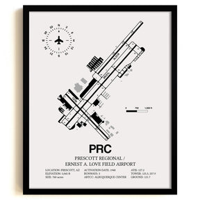Framed Detailed Airport Map of Prescott International Airport - Ernest A. Love Field (PRC) in White with a Black Frame