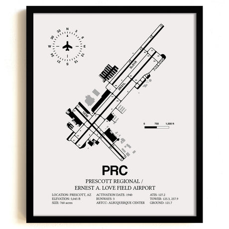 Framed Detailed Airport Map of Prescott International Airport - Ernest A. Love Field (PRC) in White with a Black Frame