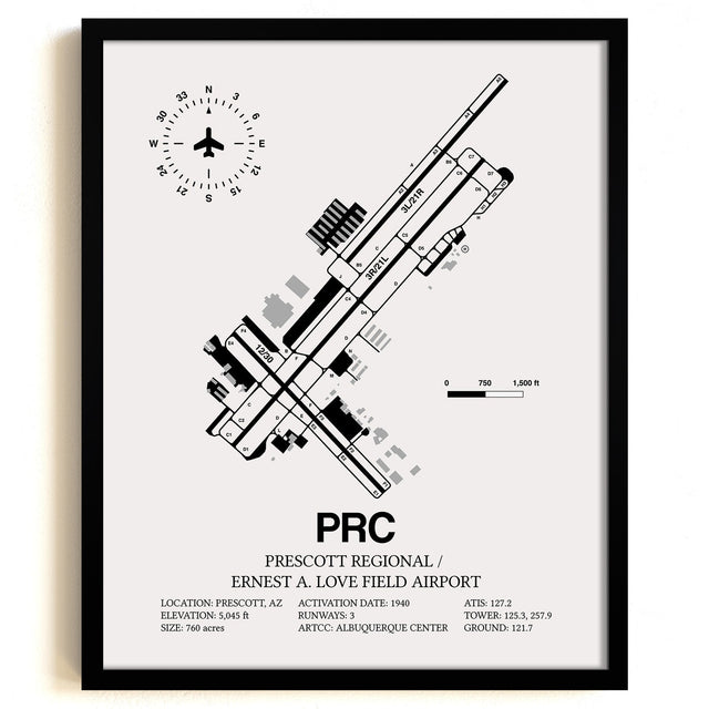 Framed Detailed Airport Map of Prescott International Airport - Ernest A. Love Field (PRC) in White with a Black Frame