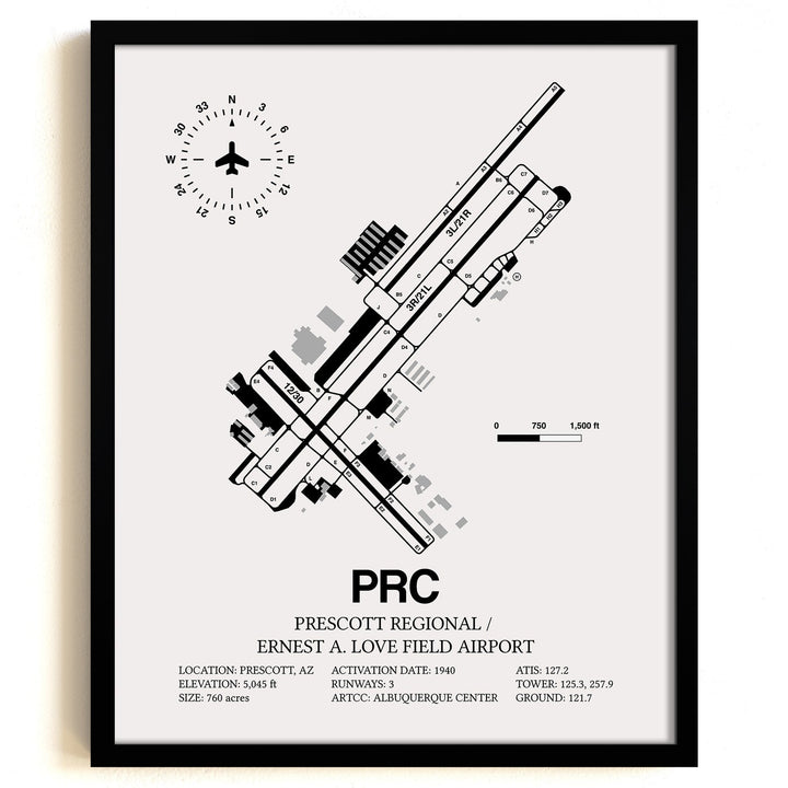 Framed Detailed Airport Map of Prescott International Airport - Ernest A. Love Field (PRC) in White with a Black Frame