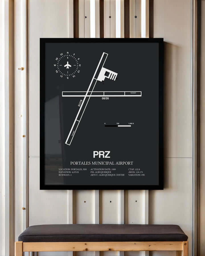 Framed Detailed Airport Map of Portales Municipal Airport (PRZ) in Gray with a Black Frame
