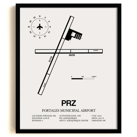 Framed Detailed Airport Map of Portales Municipal Airport (PRZ) in White with a Black Frame