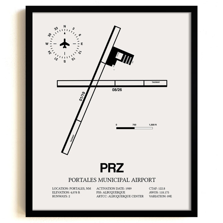 Framed Detailed Airport Map of Portales Municipal Airport (PRZ) in White with a Black Frame