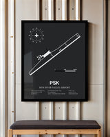 Framed Detailed Airport Map of New River Valley Airport (PSK) in Gray with a Black Frame