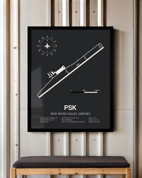 Framed Detailed Airport Map of New River Valley Airport (PSK) in Gray with a Black Frame
