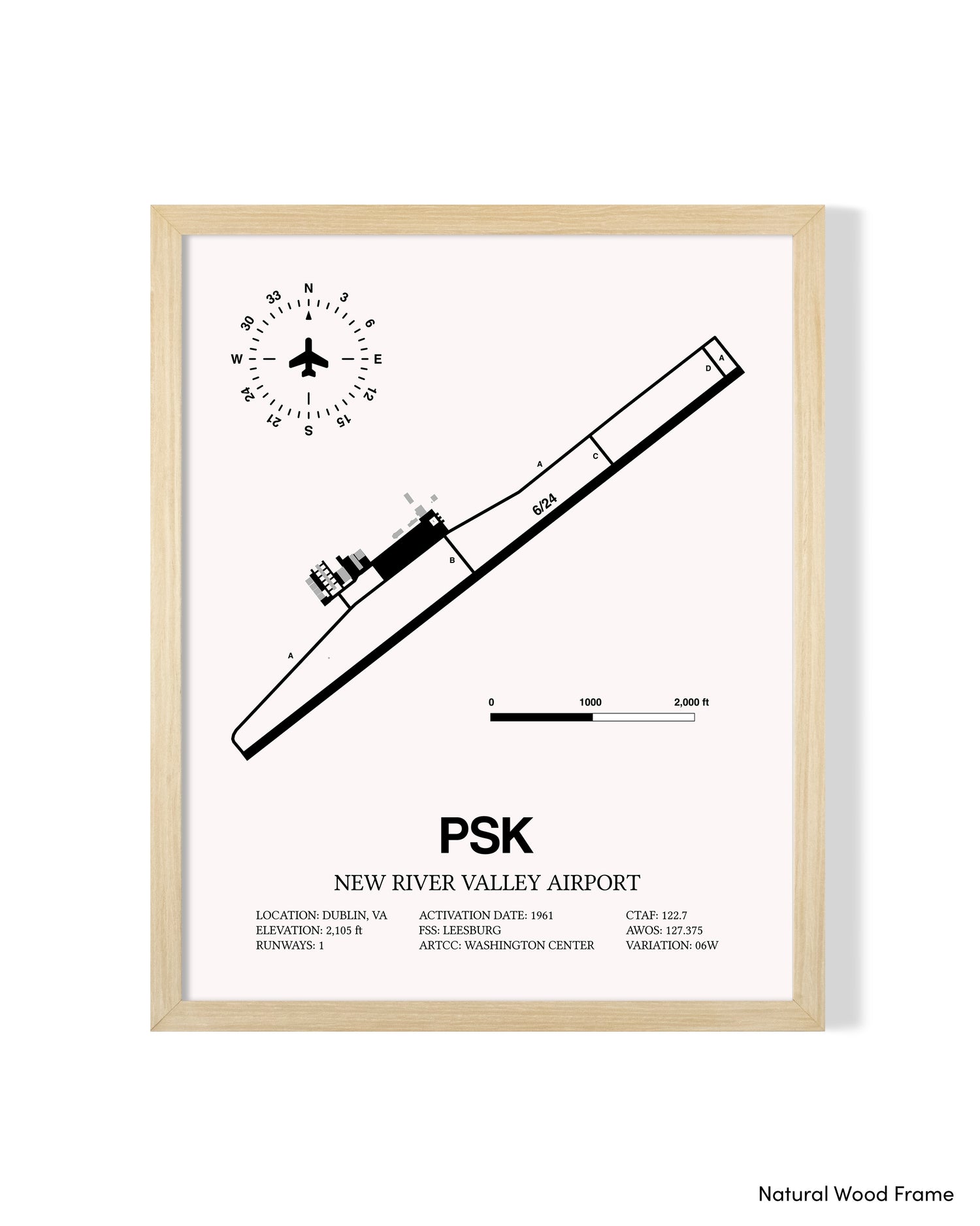 Detailed Airport Map of New River Valley Airport (PSK) in White with a Natural Frame