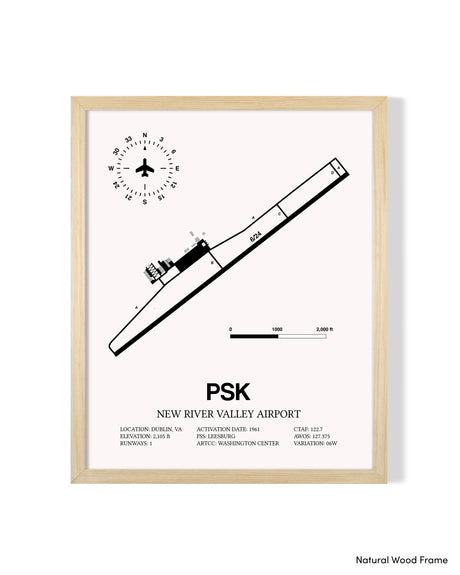 Detailed Airport Map of New River Valley Airport (PSK) in White with a Natural Frame