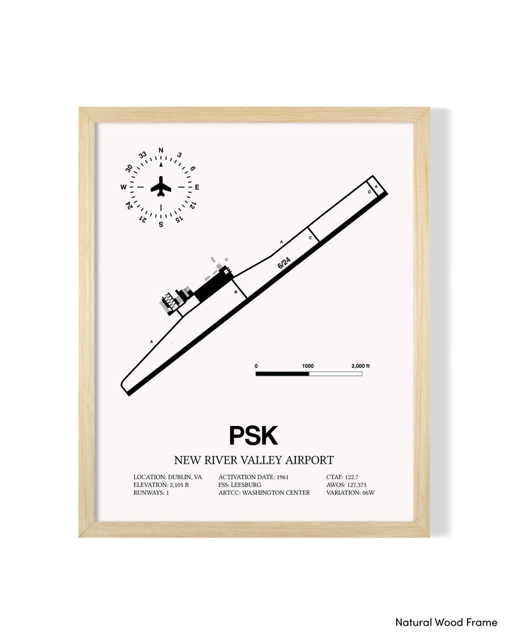 Detailed Airport Map of New River Valley Airport (PSK) in White with a Natural Frame