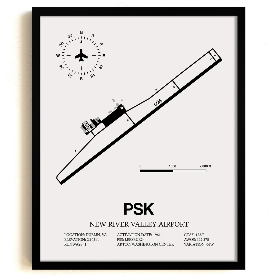 Framed Detailed Airport Map of New River Valley Airport (PSK) in White with a Black Frame