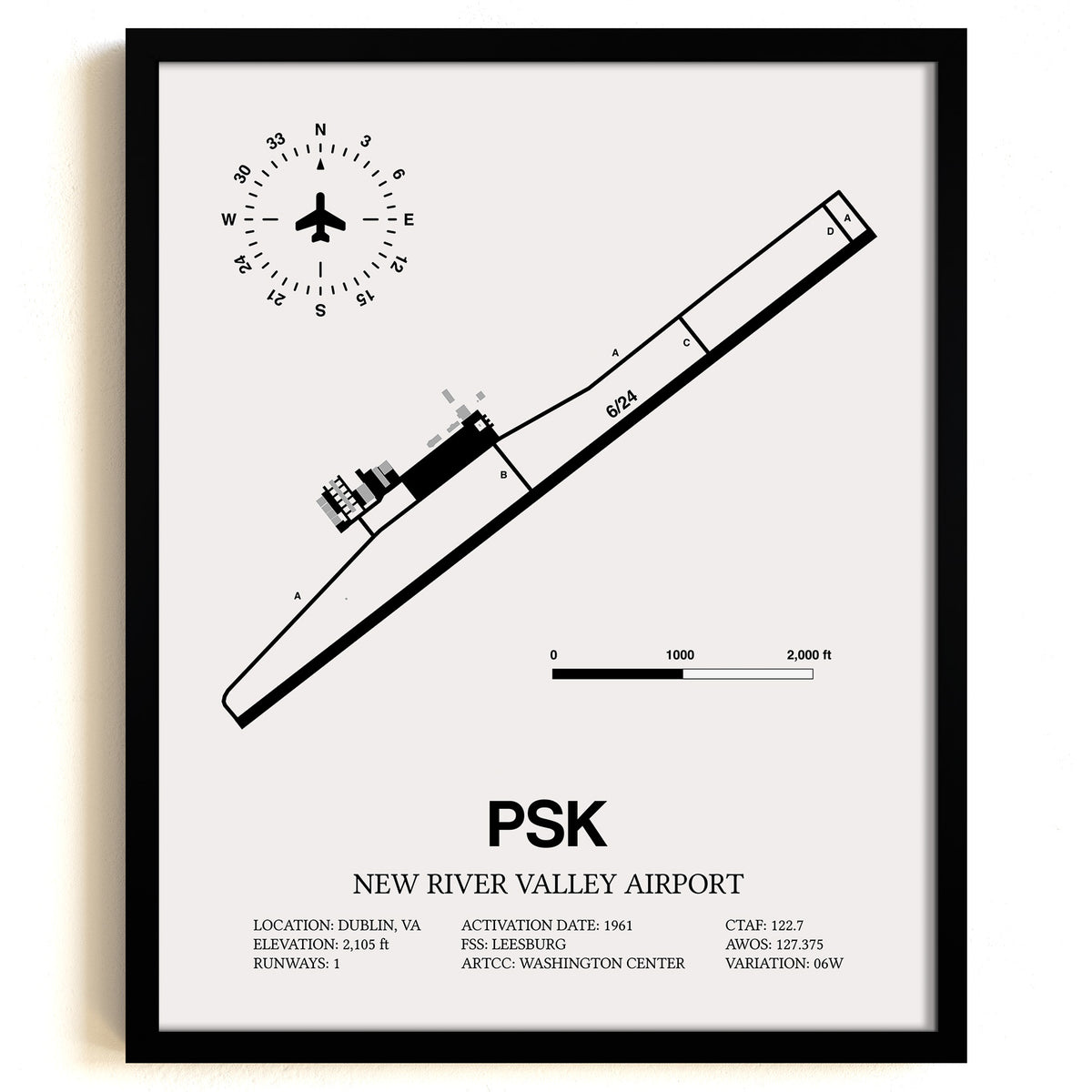 Framed Detailed Airport Map of New River Valley Airport (PSK) in White with a Black Frame