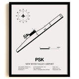 Framed Detailed Airport Map of New River Valley Airport (PSK) in White with a Black Frame
