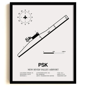 Framed Detailed Airport Map of New River Valley Airport (PSK) in White with a Black Frame
