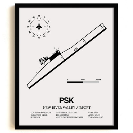 Framed Detailed Airport Map of New River Valley Airport (PSK) in White with a Black Frame