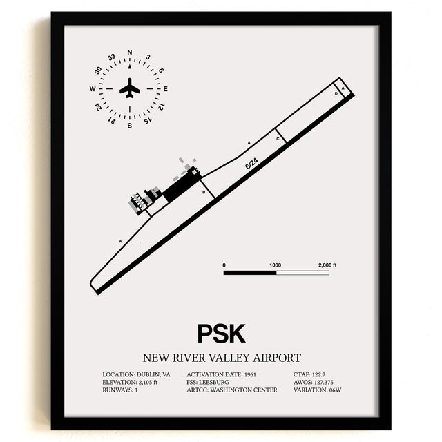 Framed Detailed Airport Map of New River Valley Airport (PSK) in White with a Black Frame