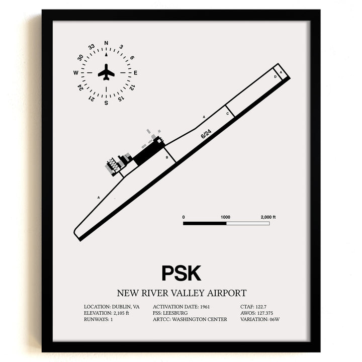 Framed Detailed Airport Map of New River Valley Airport (PSK) in White with a Black Frame