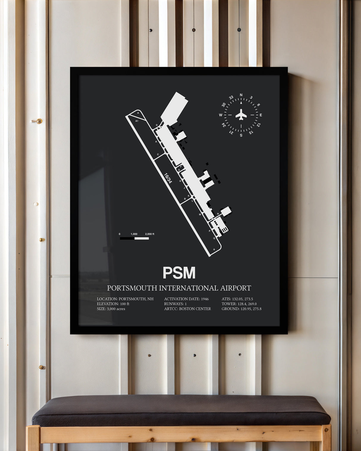 Framed Detailed Airport Map of Portsmouth International at Pease Airport (PSM) in Gray with a Black Frame