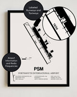 Framed Detailed Airport Map of Portsmouth International at Pease Airport (PSM) in White with a Black Frame