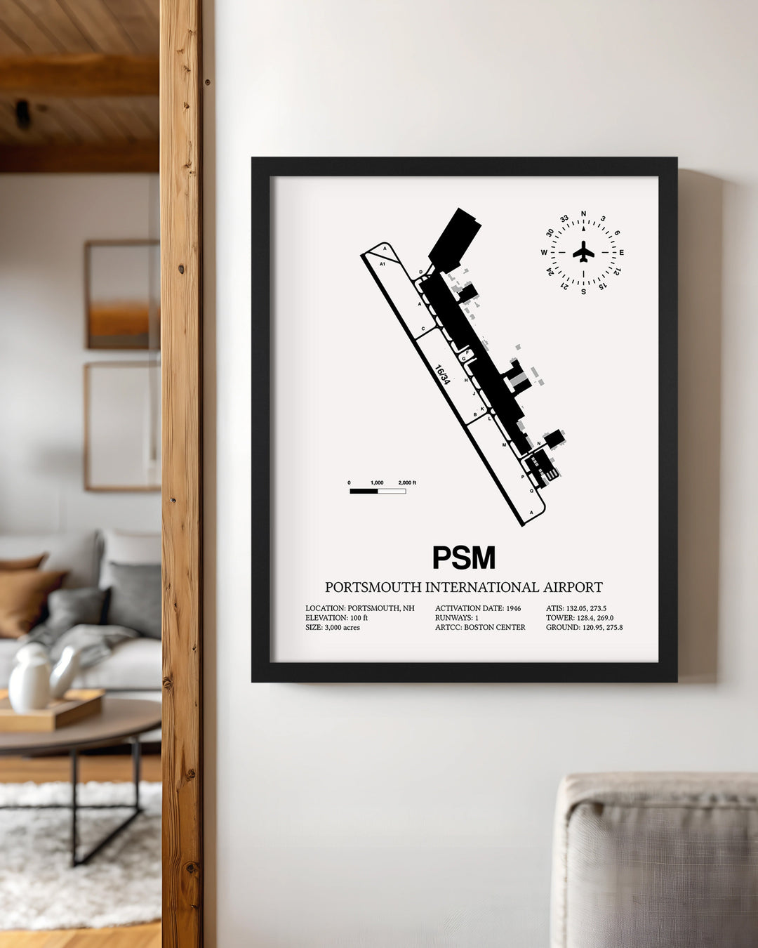 Framed Detailed Airport Map of Portsmouth International at Pease Airport (PSM) in White with a Black Frame