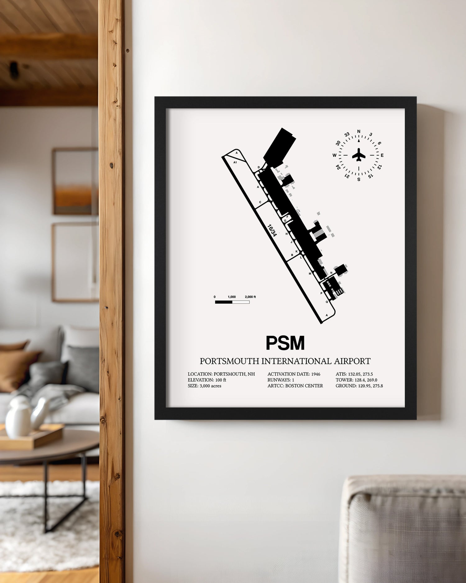 Framed Detailed Airport Map of Portsmouth International at Pease Airport (PSM) in White with a Black Frame