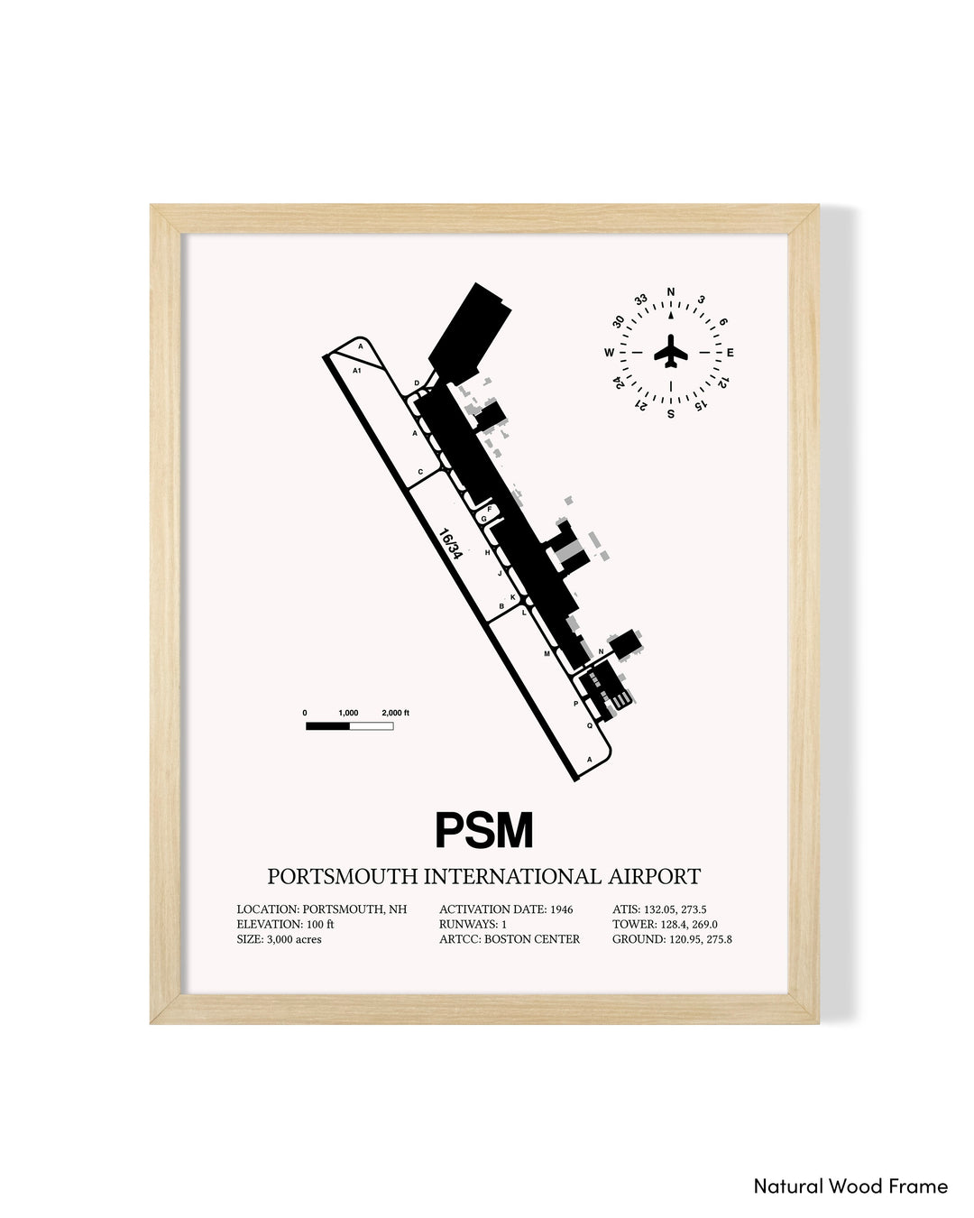 Detailed Airport Map of Portsmouth International at Pease Airport (PSM) in White with a Natural Frame