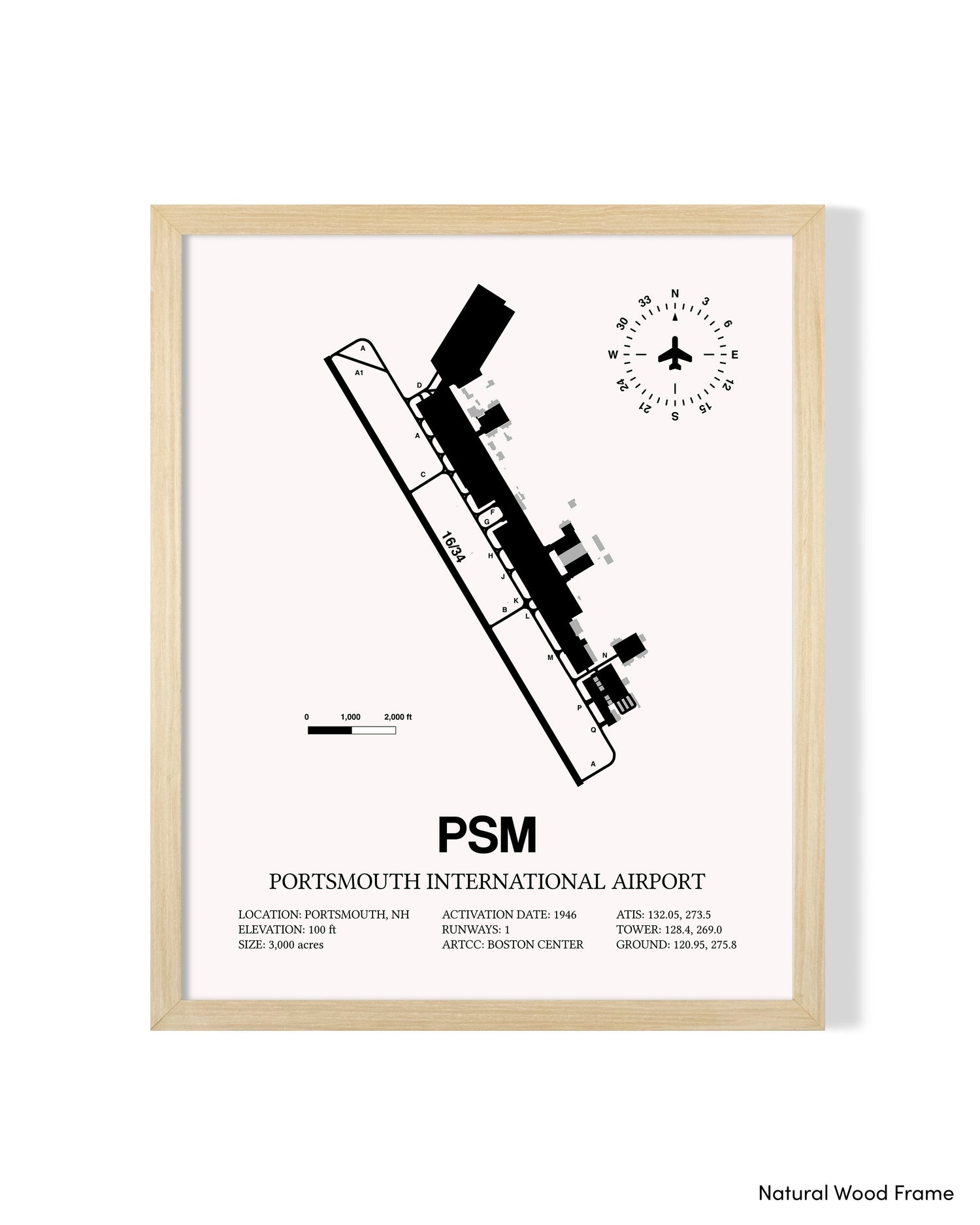 Detailed Airport Map of Portsmouth International at Pease Airport (PSM) in White with a Natural Frame