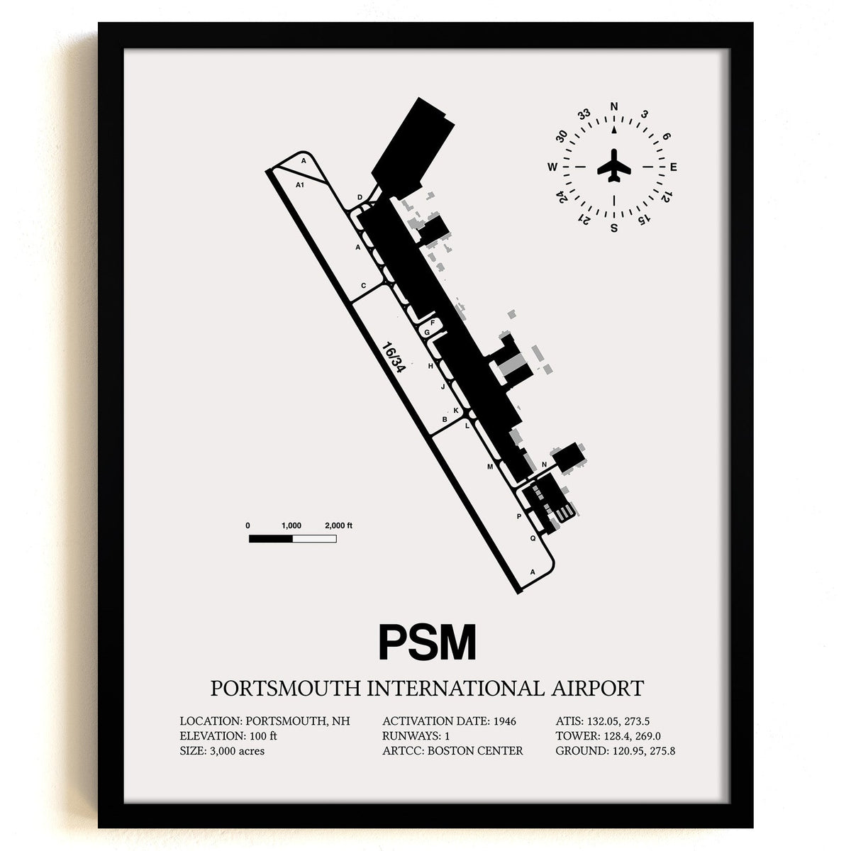Framed Detailed Airport Map of Portsmouth International at Pease Airport (PSM) in White with a Black Frame